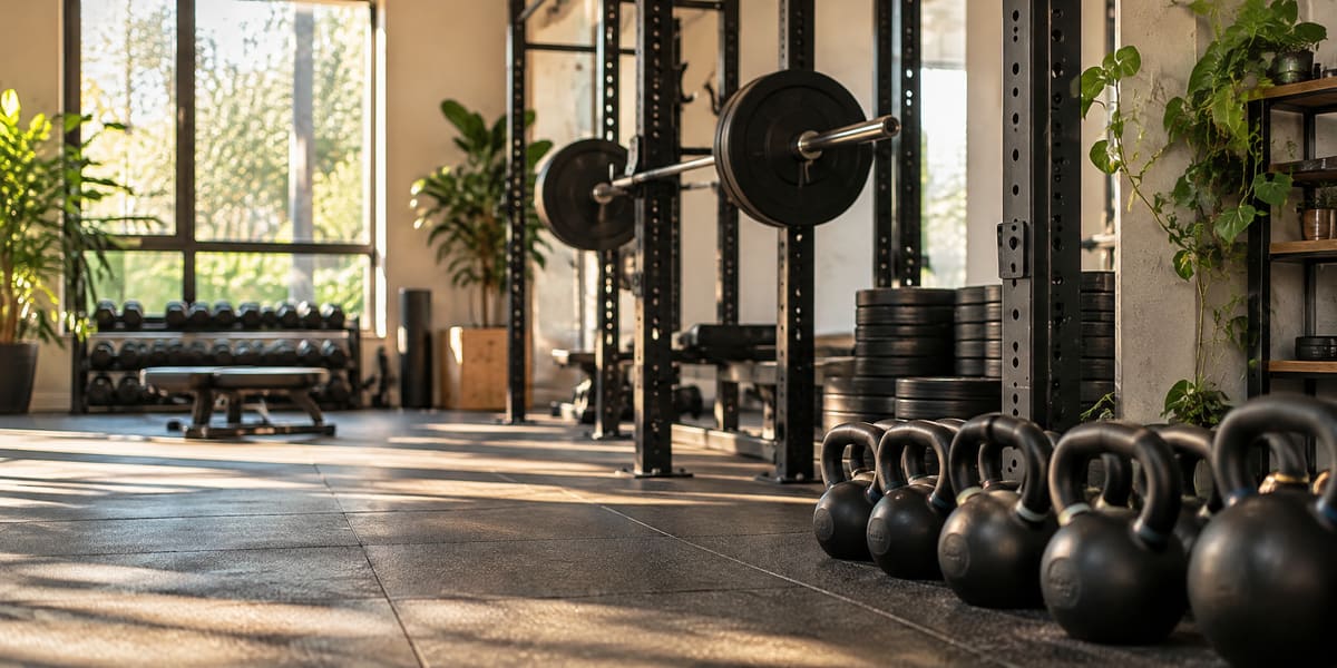 The Forge studio floor in daylight, with squat racks along one wall, kettlebells lined up on the floor and plants by the windows