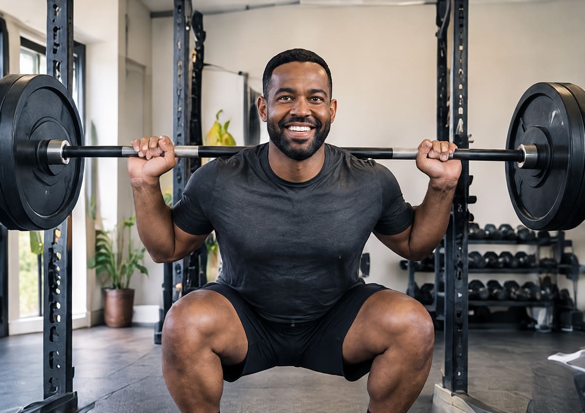 A smiling man squats with a barbell across his shoulders in a squat rack
