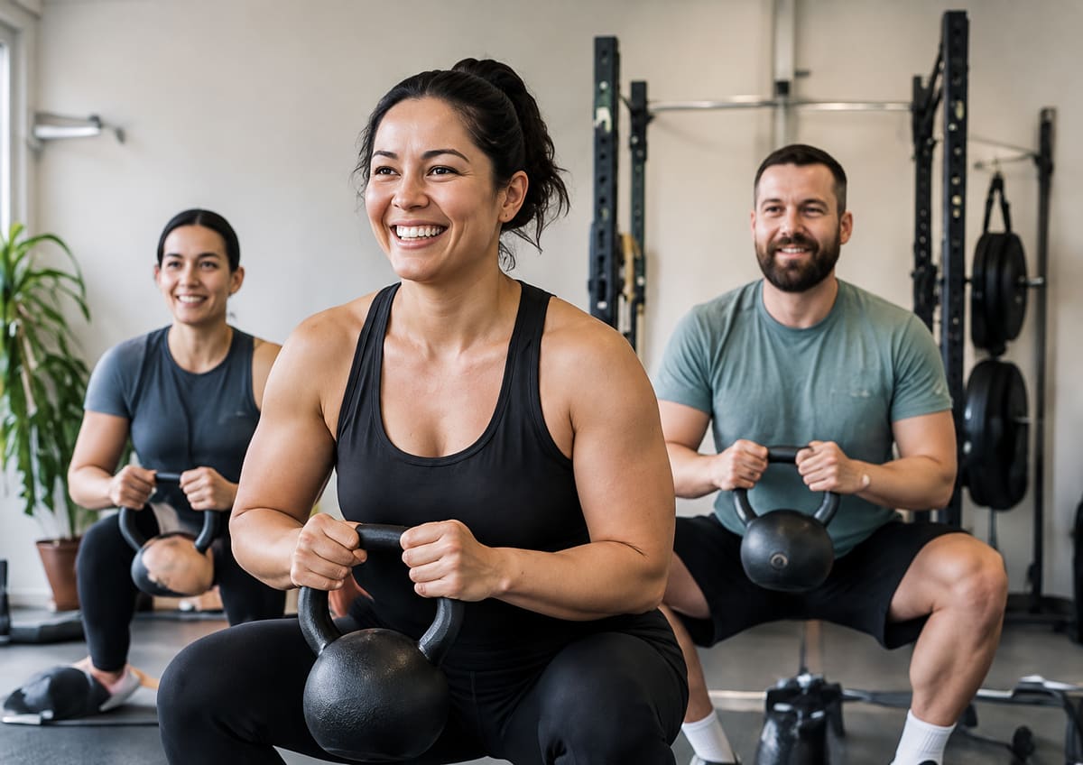 Three adults smile as they do kettlebell squats together in a small group class