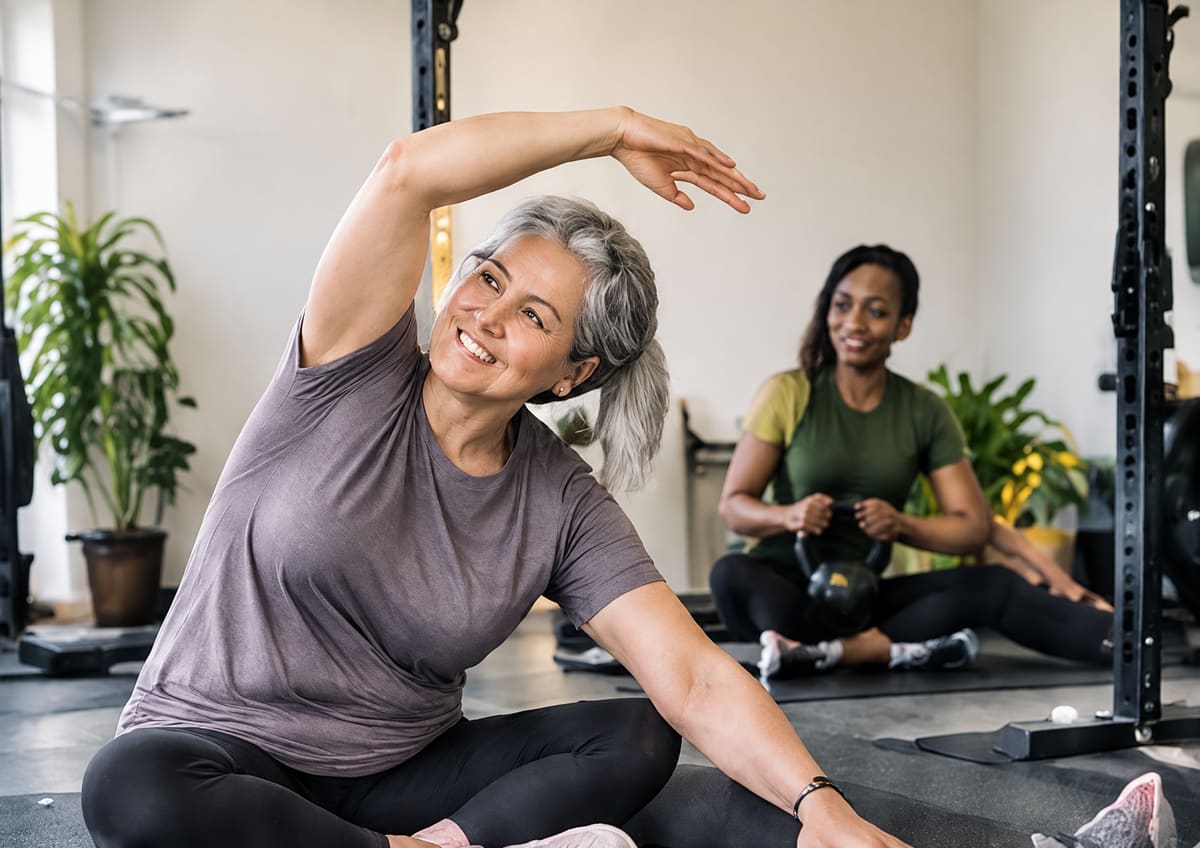 A gray-haired woman stretches to one side on a mat while another woman stretches behind her